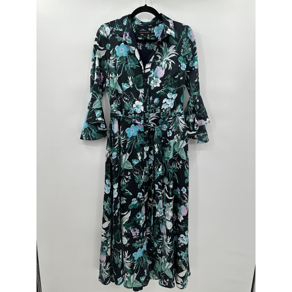 Banana Republic Botanical Print Flutter Sleeve Maxi Shirt Dress Blue Green Sz 4